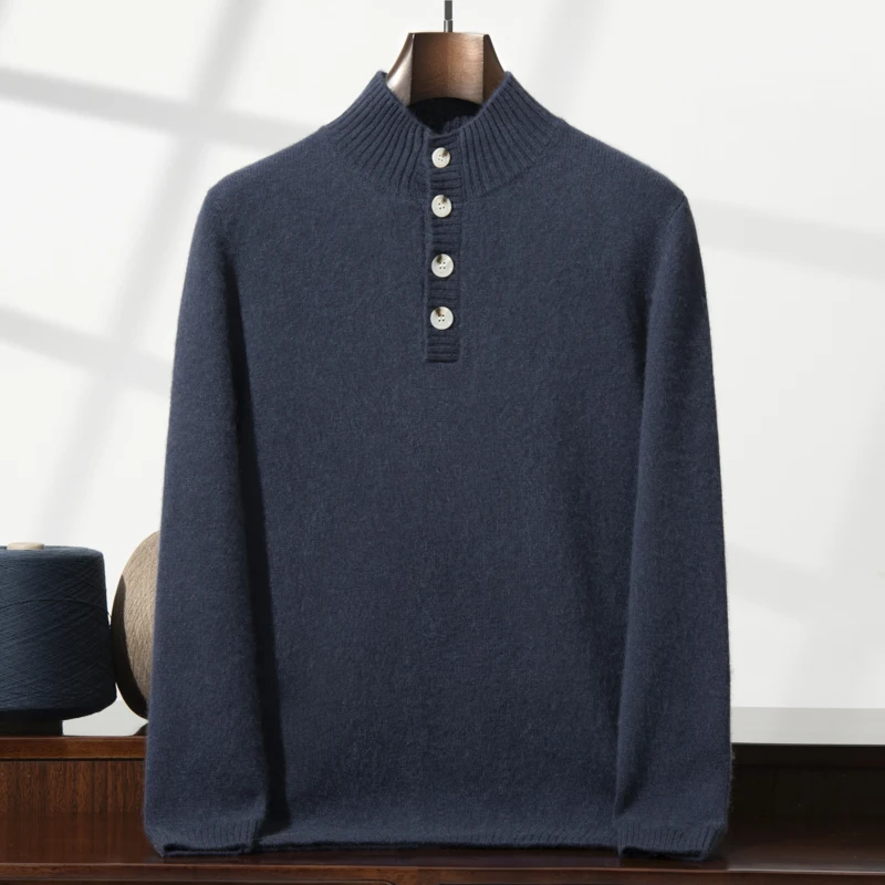 ZOCEPT Winter Thicken Cashmere Sweater for Men Knitted New Casual Warm Button Placket Pure Cashmere Pullover Mock Neck Sweater