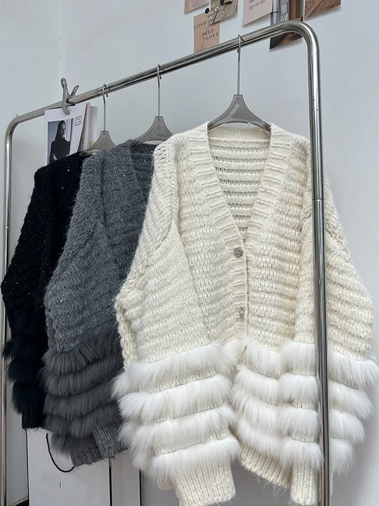 

2025 модное осеннее женское вязаное пальто из натурального лисьего меха, шарф из лисьего меха, свитер, куртка Femeale, роскошное пальто, пуловер с длинными рукавами