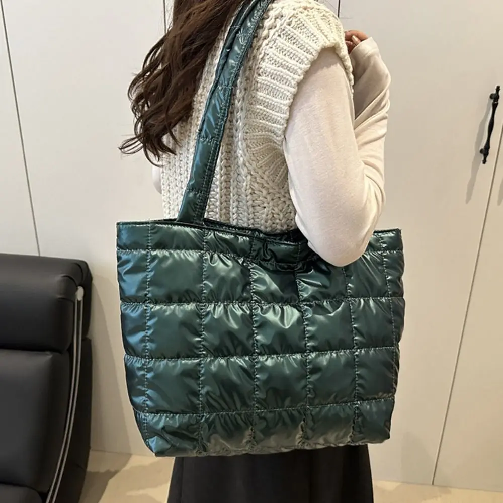 Casual Solid Color Shoulder Bags Large Capacity Down Cotton Padded Quilted Tote Bag Underarm Bags Women Girls view 3