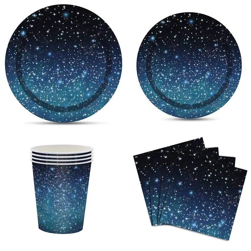 Vaisselle jetable thème ciel étoilé, assiette, tasse, nappe, pour adultes et enfants, rivière étoilée, étoile, espace extérieur, décoration de fête d'anniversaire