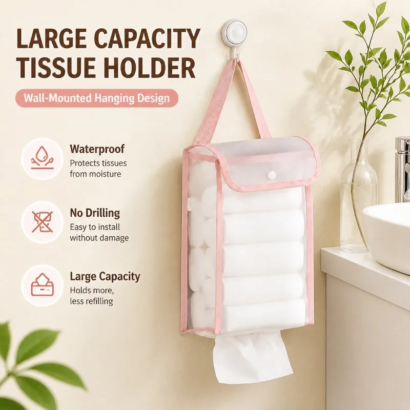 Large Capacity Waterproof No-Drilling Hanging Tissue Holder for Kitchen Bathroom Wall-Mounted Paper Towel  Storage  Bag - view 2