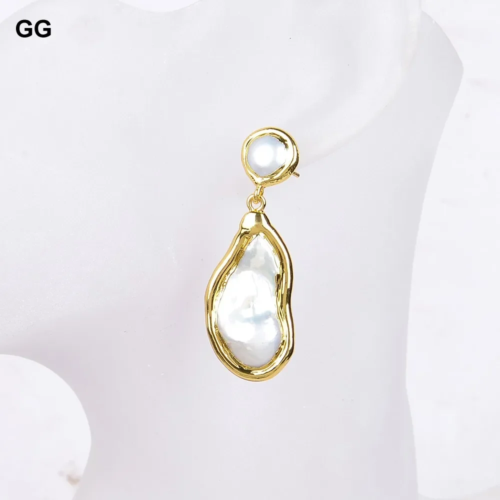 White Keshi Pearl Gold color Plated Stud Earrings Nucleated Flameball Baroque Pearl earrings luxury wedding for women