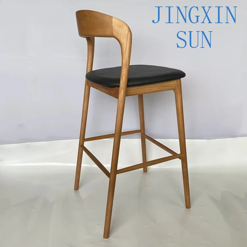 Nordic Luxury Modern Leather Seat Wooden Bar High Chair Kitchen Dining Barstool Seat Counter Height Bar Stool for Restaurant