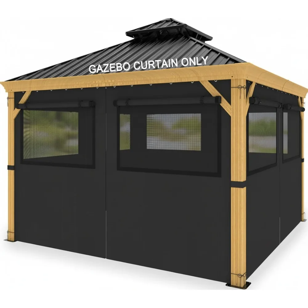 

10x10ft Gazebo Privacy Curtains with Roll-up Mosquito Net Windows, 4-Panel Waterproof UV Resistant Outdoor Shade
