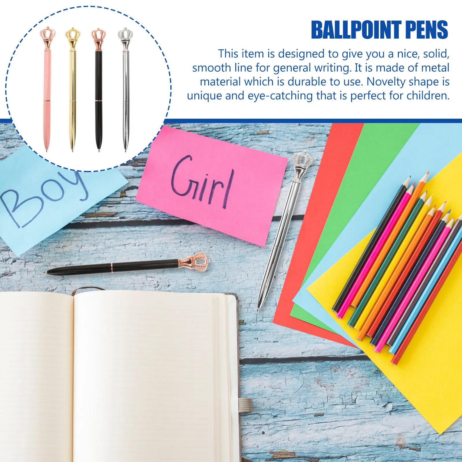 4Pcs Creative Cartoon Crown Ballpoint Pens Smooth Writing Quick Dry Ink Lightweight Portable School Student Signature Pens