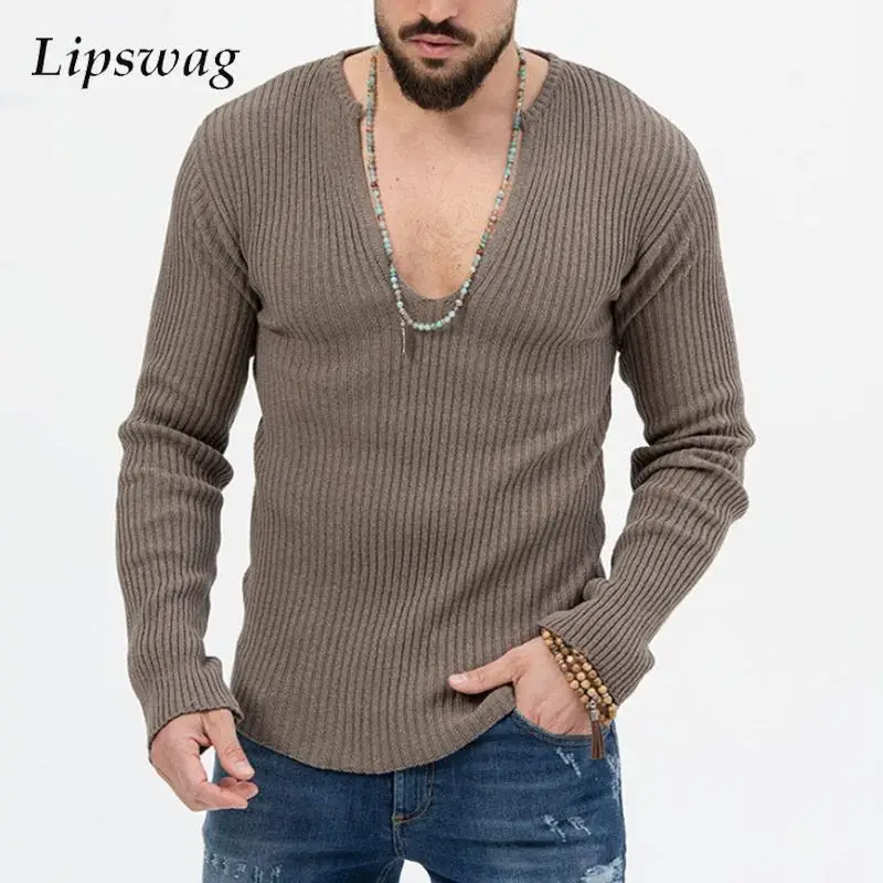 

Sexy V Neck Sweater Mens Tops Knitted Long Sleeve Slim Pullover 2024 Spring Fashion Solid Color Knitwear Men Clothes Ribbed Tees