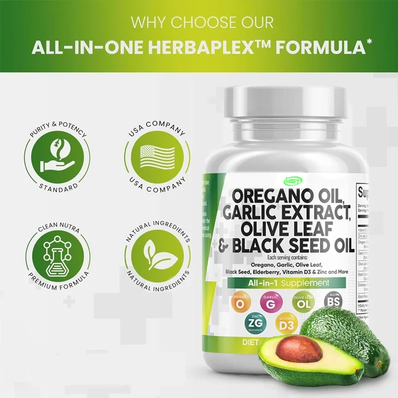 Origano oil, garlic, olive leaves, black seed oil, immune support and digestive health, vitamin D3, zinc -60 capsules