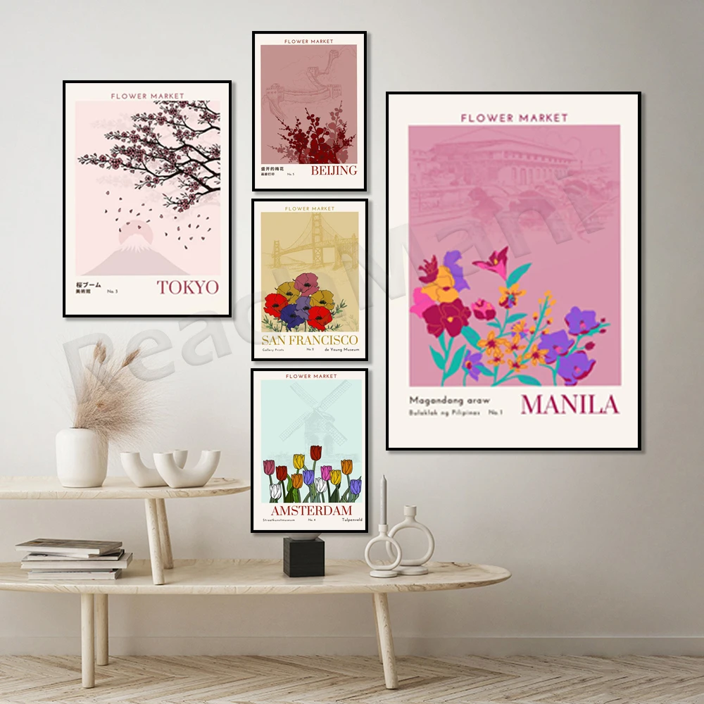 Flower Market Print, Plant Wall Art, Amsterdam, Beijing, San Francisco, Tokyo, Manila, Flower Market Art Deco Poster