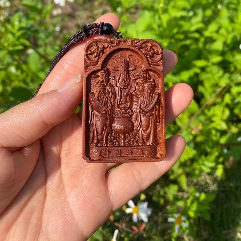 Hand Carved Jujube Wood Five Roads Wealth God Pendant Charm Talisman - Taoist Lucky Protection Feng Shui Car Bag Hanging
