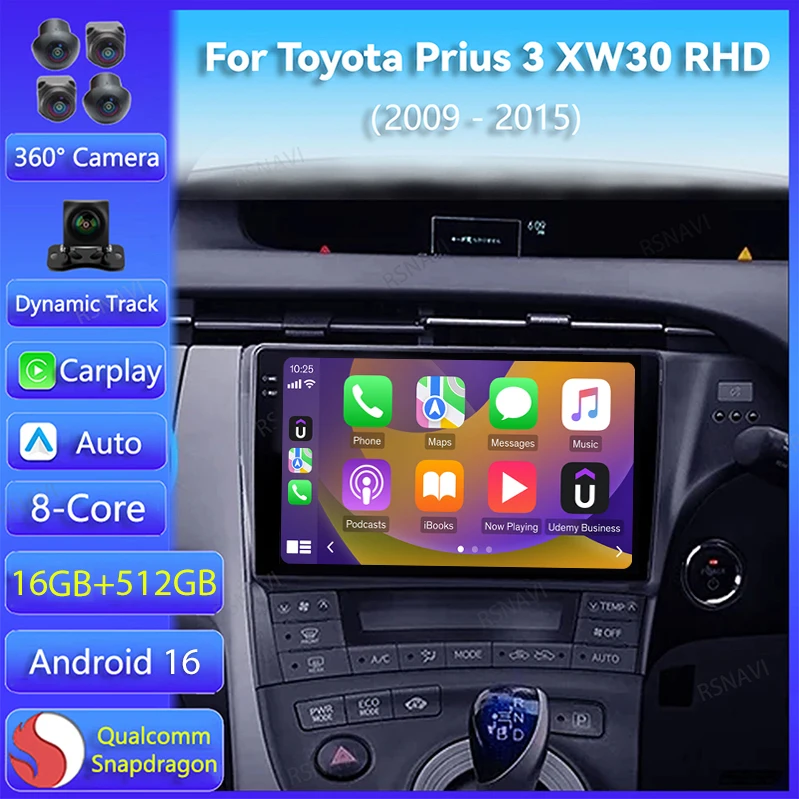 Android 16 Carplay Auto For Toyota Prius 3 XW30 2009 - 2015 Right hand drive Car Radio DSP Player Video Head Unit BT 2Din Stereo