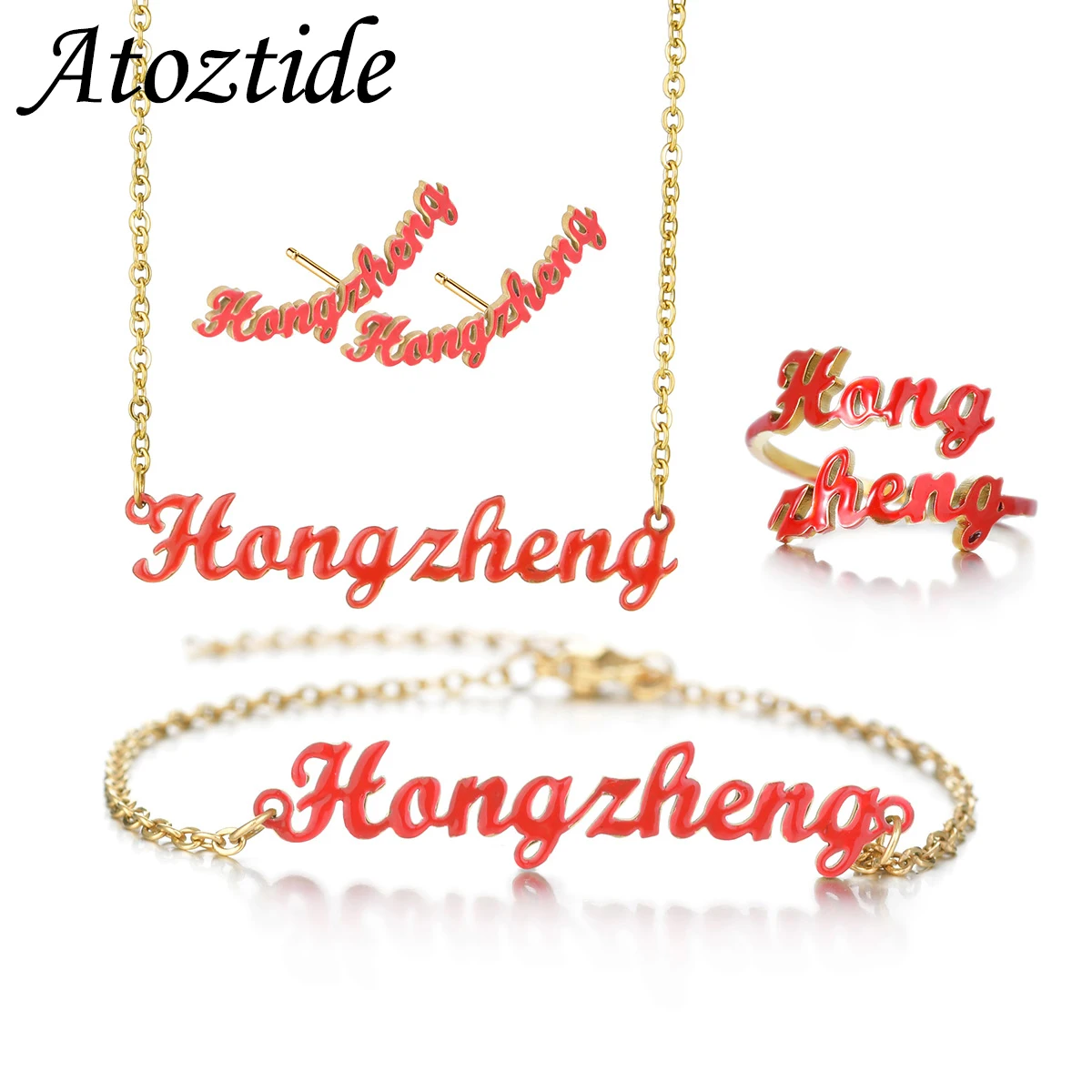 Atoztide Custom Name Jewelry Set Dripping Oil Necklace Bracelet Earring Personalized Stainless Steel for Women Birthday Gifts