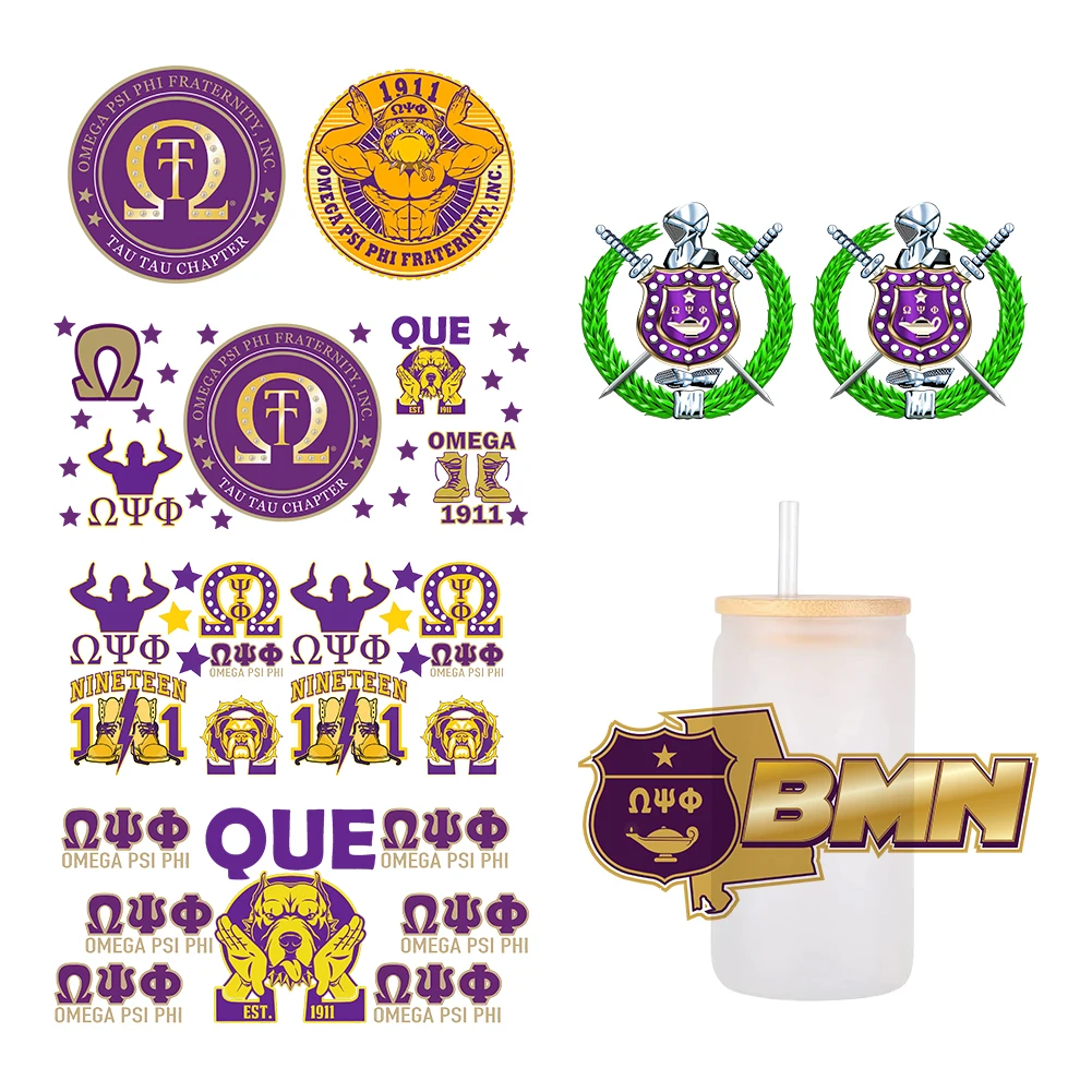 sodality Omega Psi Phi For Libbey 16oz Can Glass 3D Waterproof UV DTF Coffee Can Wrap Libbey Glass Wrap