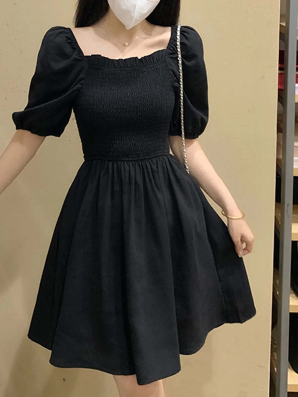 

Retro Hepburn Style Little Black Dress Summer plus Size Frock with Waist Cinch Belly Conceal Slimming Square Neck Bubble Sleeve