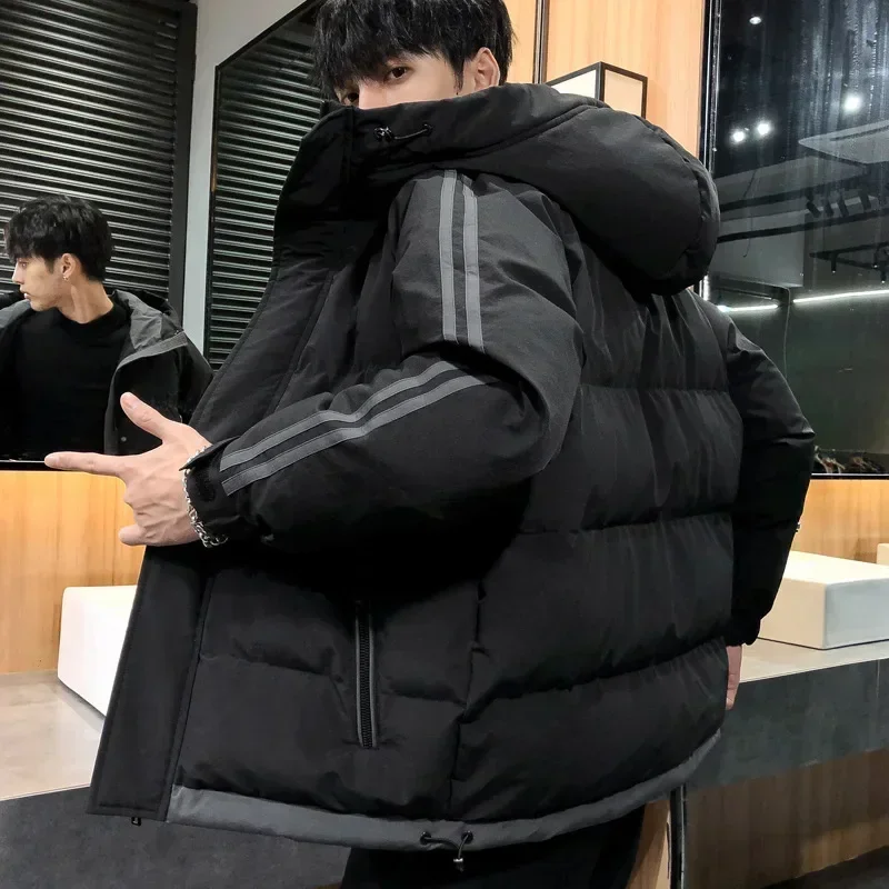 Men's double-striped leather jacket, warm cotton thick hooded casual coat, Korean and Japanese style, new winter model