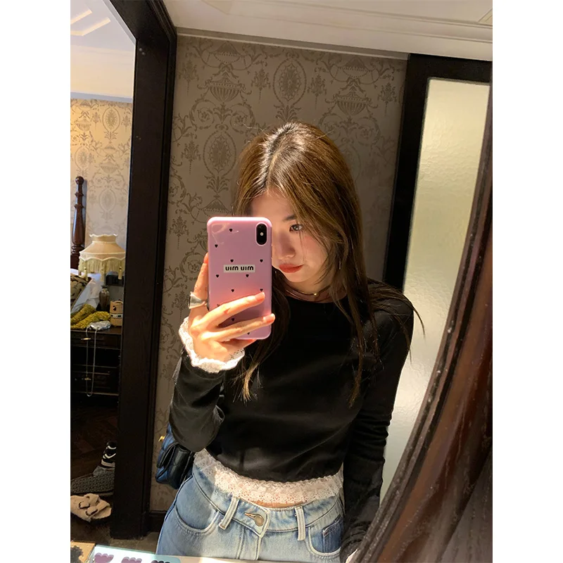 Dentelle épissure longue Sve Base irt femmes automne hiver Bla T-irt sous-vêtements petite taille trajet Sle rond Ne ort Le...