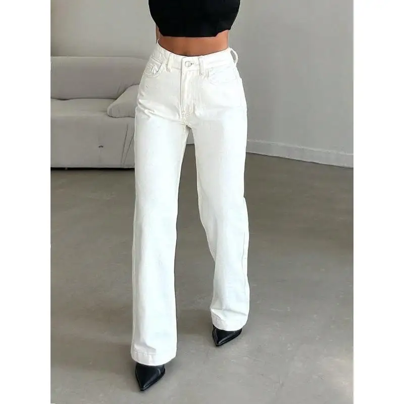 Lolita Style Wide Leg Jeans White Low Waist Cotton Denim Bootcut Trousers for Pear Shaped Women Spring Season Fashion Ladies