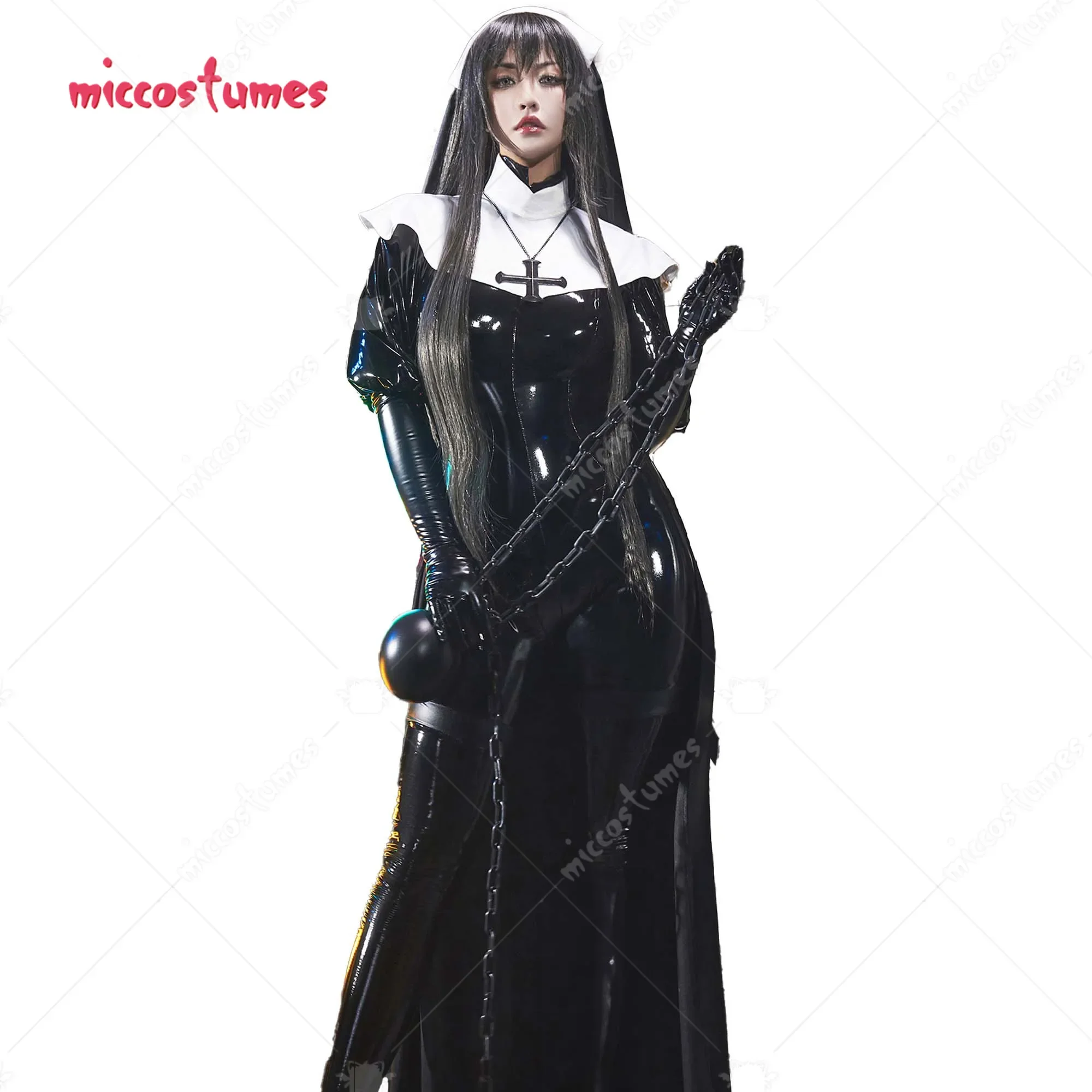 Kostum micx Chowbie Set Lingerie seksi wanita kostum Cosplay biarawati hitam Jumpsuit Bodysuit dengan kalung ikat kepala kerah