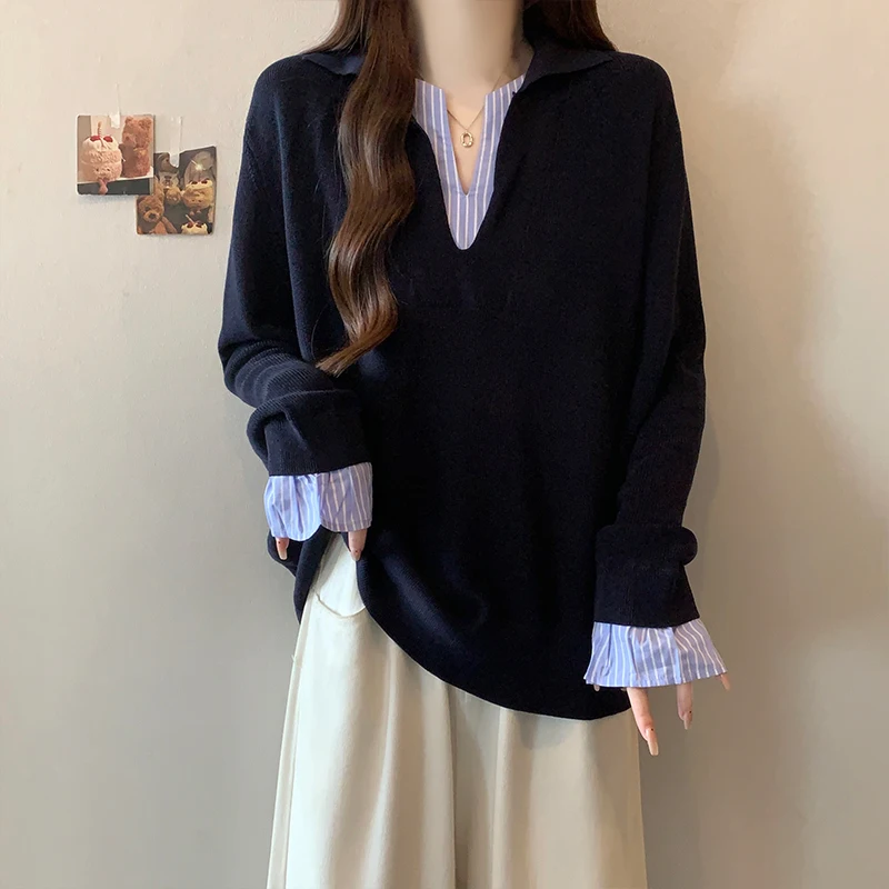 Taglie forti Donna Color Blo V-Ne Lungo Sve Top lavorato a maglia Vestibilità ampia Fibra di poliestere in due pezzi finta Autunno Faion Dimagrante...