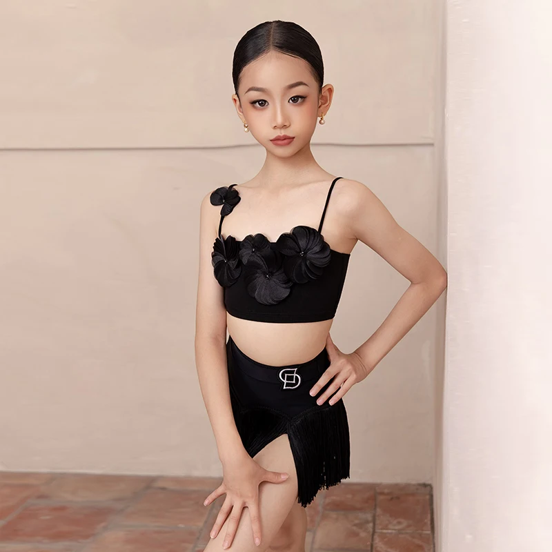 Costumes de danse latine Chacha pour filles, haut sans manches, jupes à franges, costumes de concours de danse latine pour enfants, DW10859, été