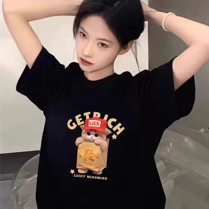 

Женская летняя футболка свободного кроя из чистого хлопка с коротким рукавом и круглым вырезом в американском стиле для повседневного образа