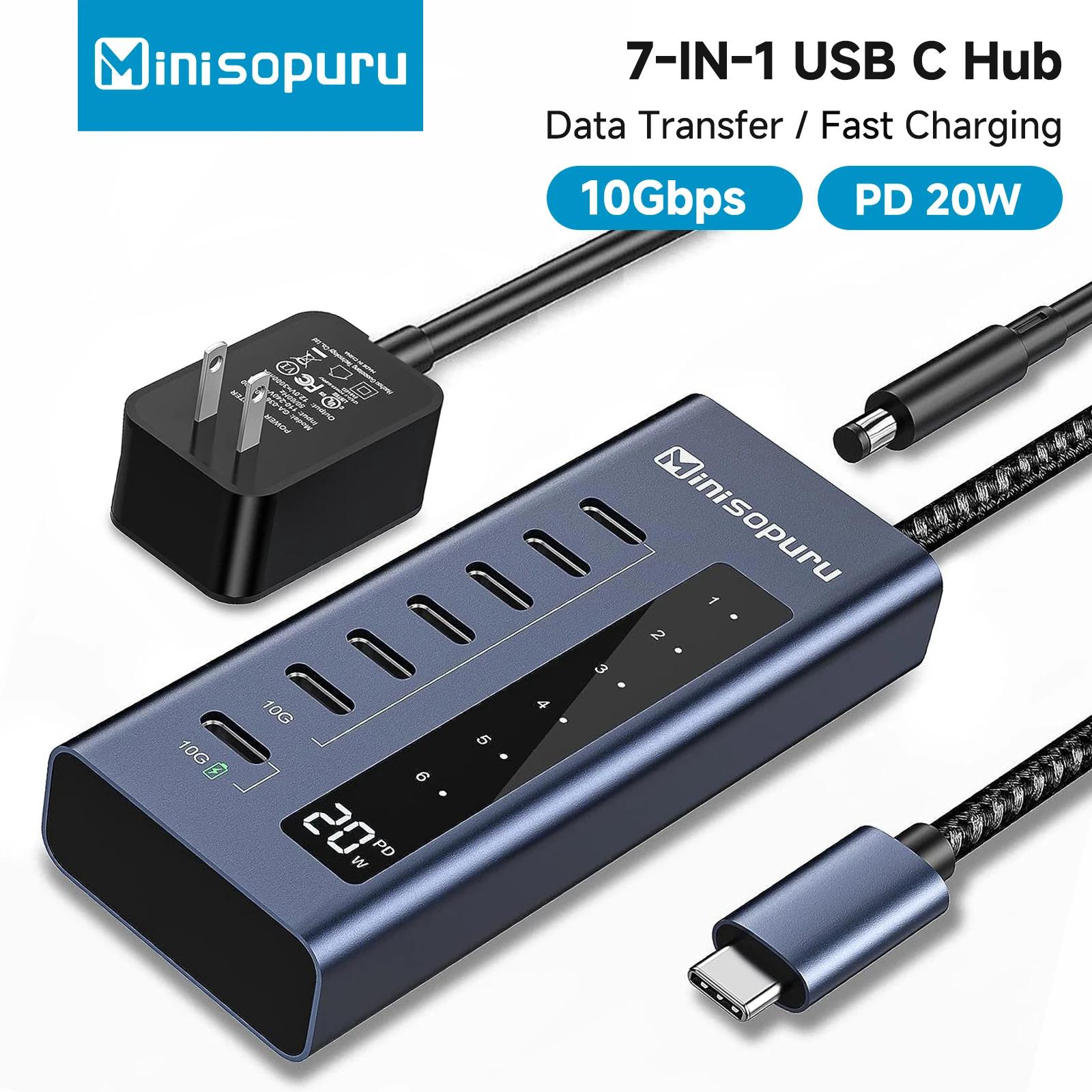 

Minisopuru Powered USB-C Hub Supports 10Gbps Data Transfer and 20W Charging for MacBook Pro/Air iMac iPad Phone USB-C Devices
