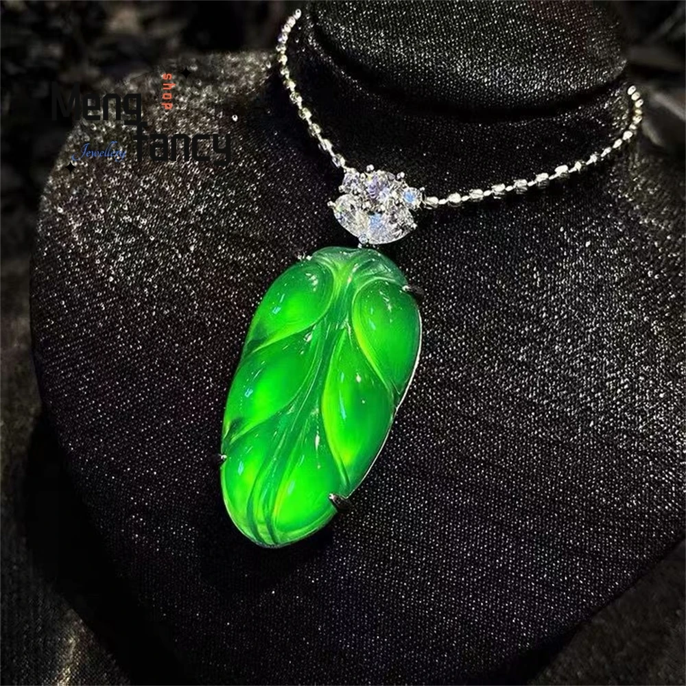 

New Silver-Plated Pendant Inlaid With Green Chalcedony, Made Of High-Ice Type Golden Branches Jade Leaves Imperial Green Jadeite