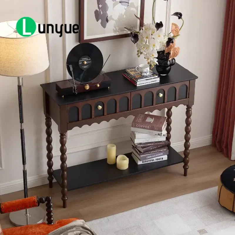 French Retro Solid Wood Porch Cabinet with Roman Column Drawers Antique Villa Storage American Light Luxury Dining Sideboard