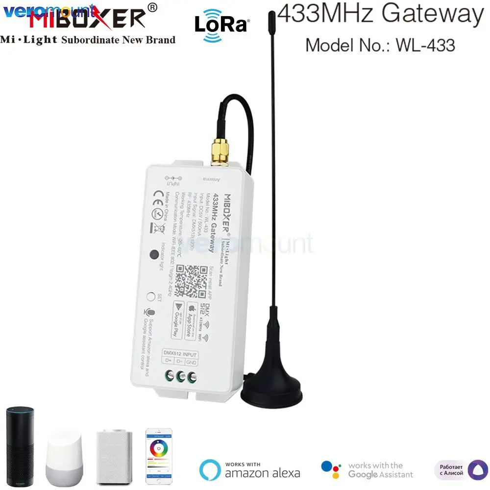 Miboxer WL-433 DC5V LoRa WiFi 433MHz Gateway DMX512(1990) Smartphone APP Voice Control for MiBoxer 433MHz Series Products