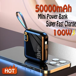 Mini banco de energía portátil de 100W, cargador rápido bidireccional con Cable USB a tipo C extraíble de 50000mAh para IPhone, Samsung y Huawei