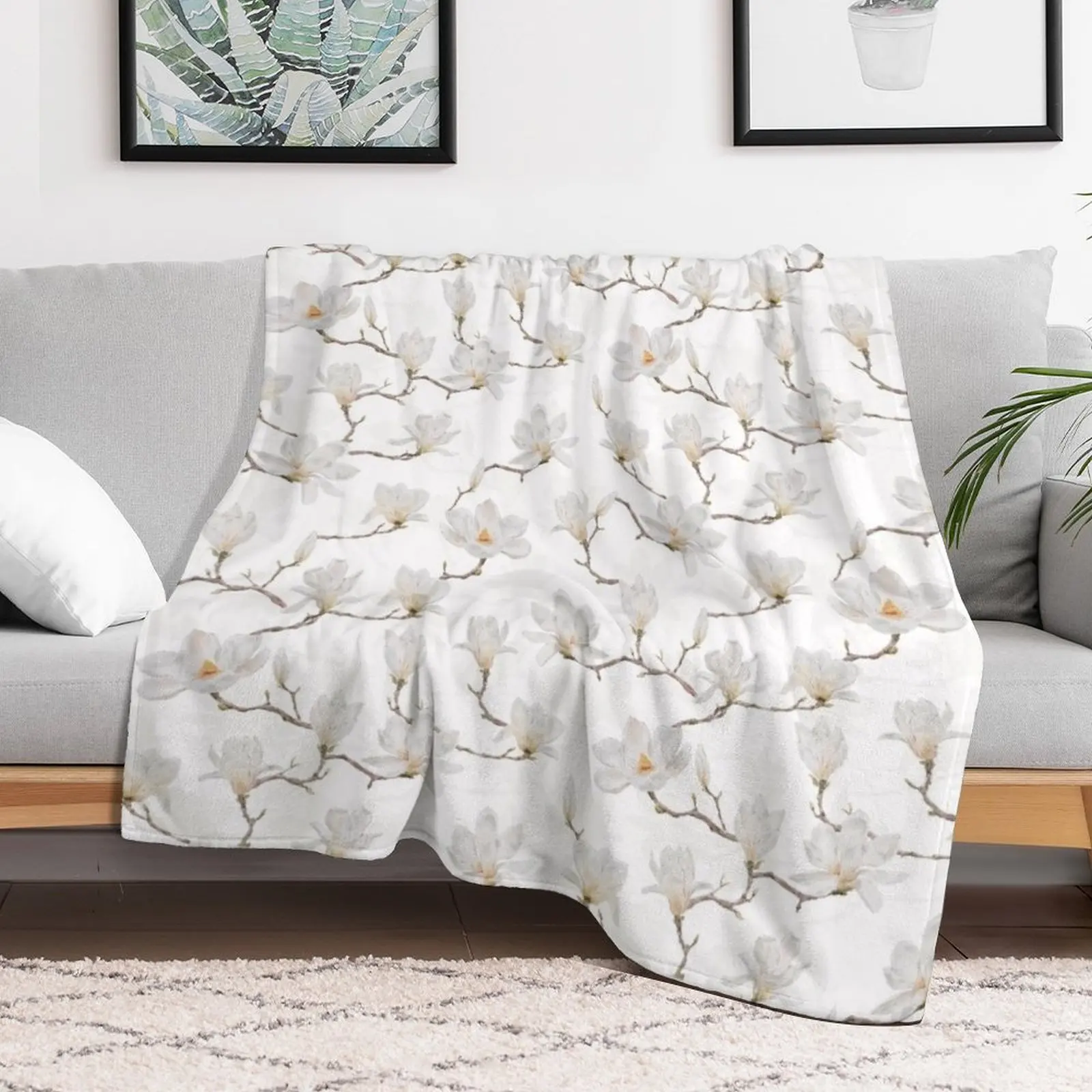 Delicate White Magnolia Branches on Ivory Throw Blanket Summer Beddings Winter beds Blankets