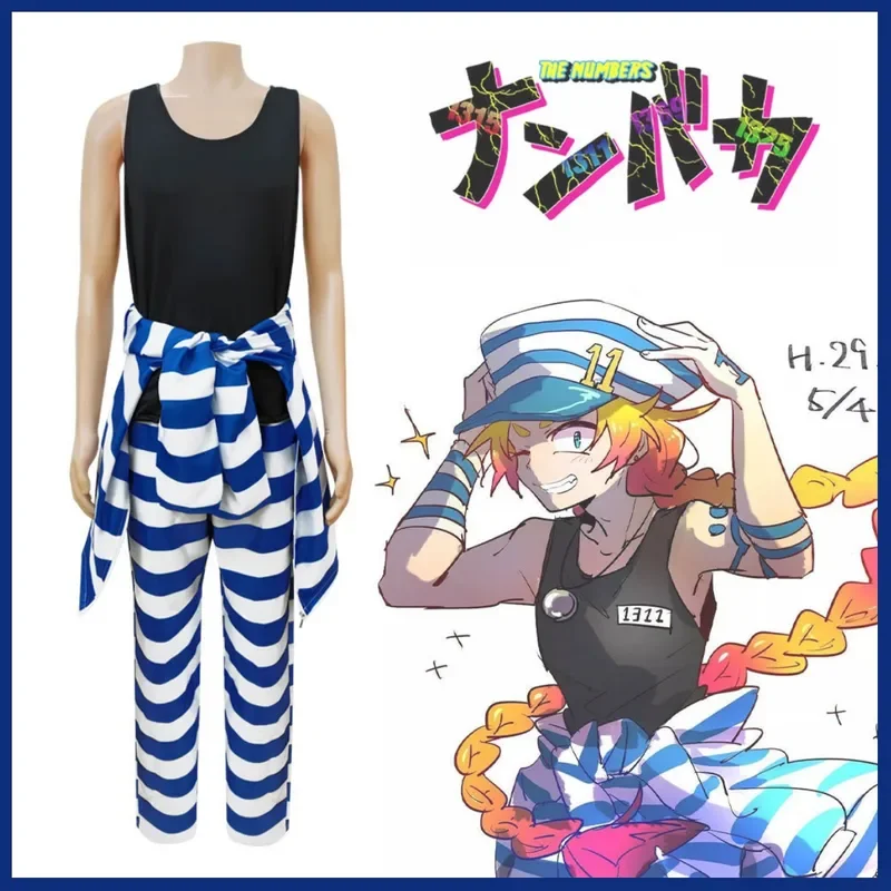 FC6Anime Detentionhouse Nanbaka Uno Cosplay Costume Detention House NO.11 Blue and White Color Stripe Coat Uniform Adult Ma@FC8！