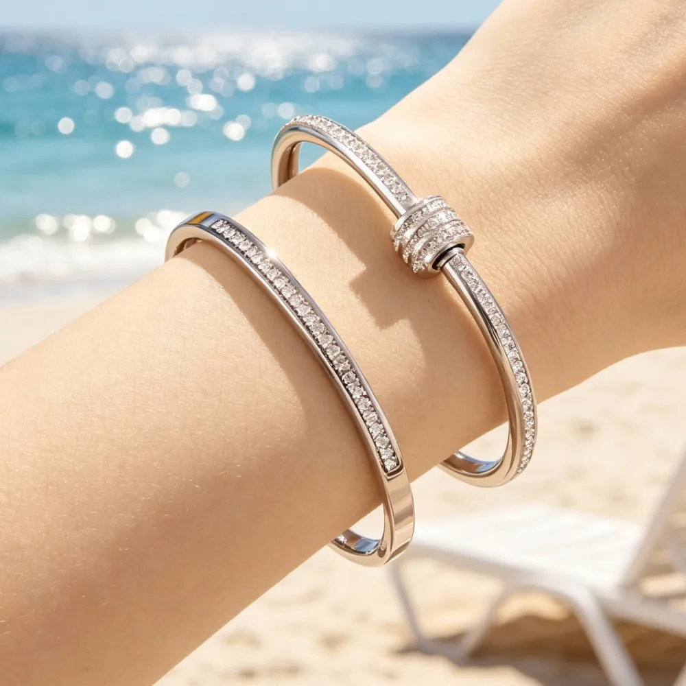 Multiple Zircon Colors Stainless Steel Bangle Women Minimalist Stackable Waterproof Bracelet Luxury Jewelry