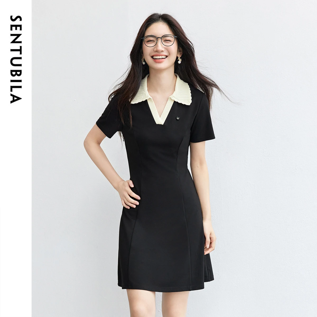 

SENTUBILA Women Summer Knitted Dresses Simple Polo 2025 New Collection Elegant Black Short Sleeve Dress Ladies Clothes 152LM0085