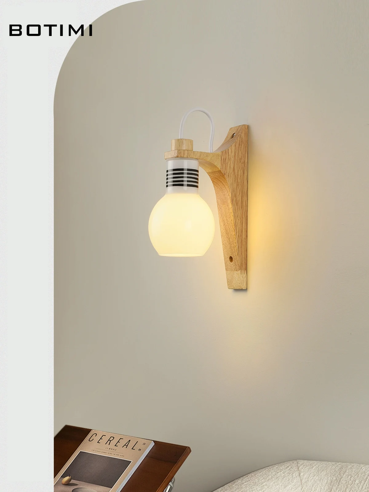 BOTIMI Modern Wooden Base Wall Lamp With Glass Lampshade Solid Wood Wall Lamp For Bedroom Nordic Beside Wall Sconce