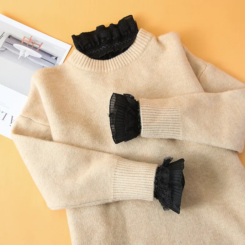 Linbaiway Ladies Women Sweet Ruffles Stand Fake Collar+Fake Sleeve Cuff Lapel Blouse Tops Button Down Half-Shirt False Collar