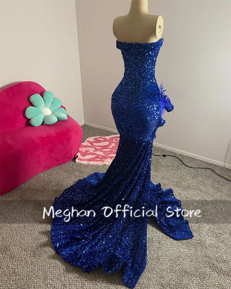 Royal Blue Sweetheart Long Prom Dresses Black Girls Sequin 2024 Birthday Luxury Dress Feather Graduation Gown Split Customized