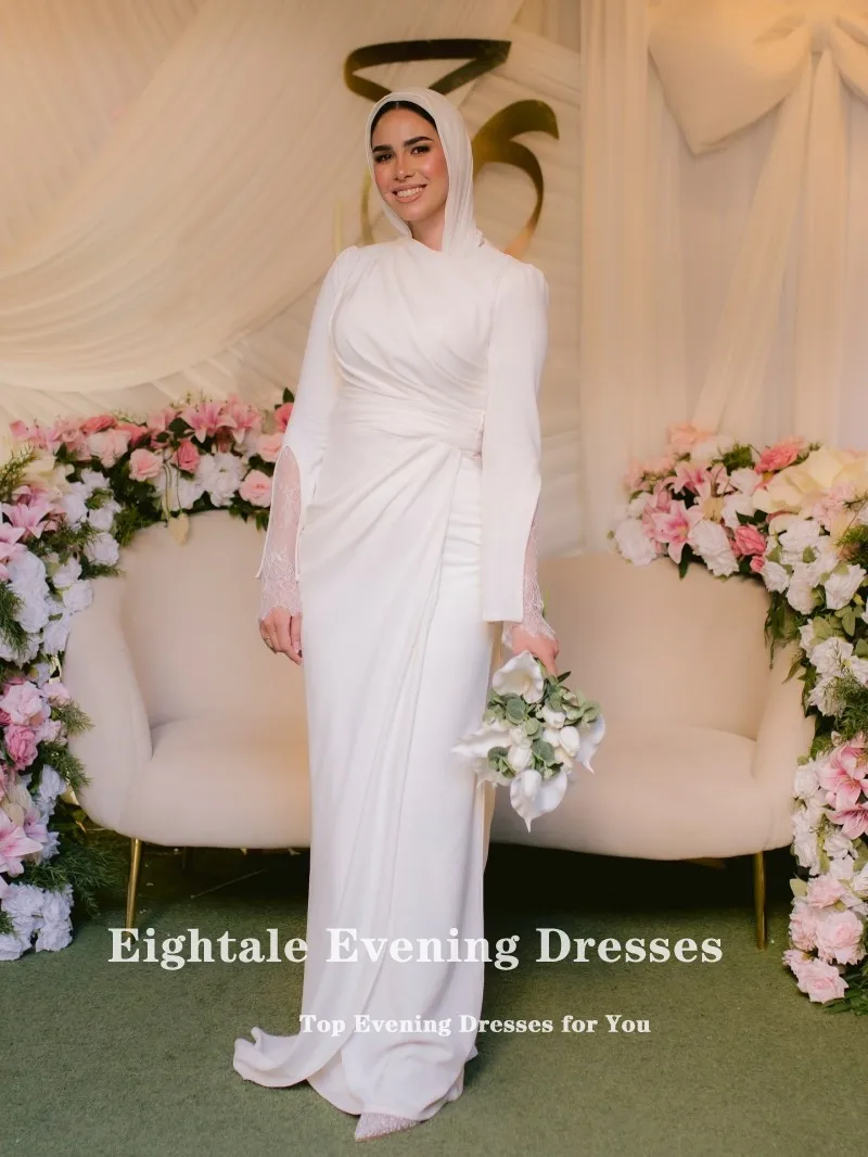 Eightale Arabisches Hochzeitskleid mit O-Ausschnitt, individuell gestaltet, weiß, elfenbeinfarben, Perlen, lange Ärmel, muslimisches Brautkleid, Meerjungfrau-Braut-Partykleid