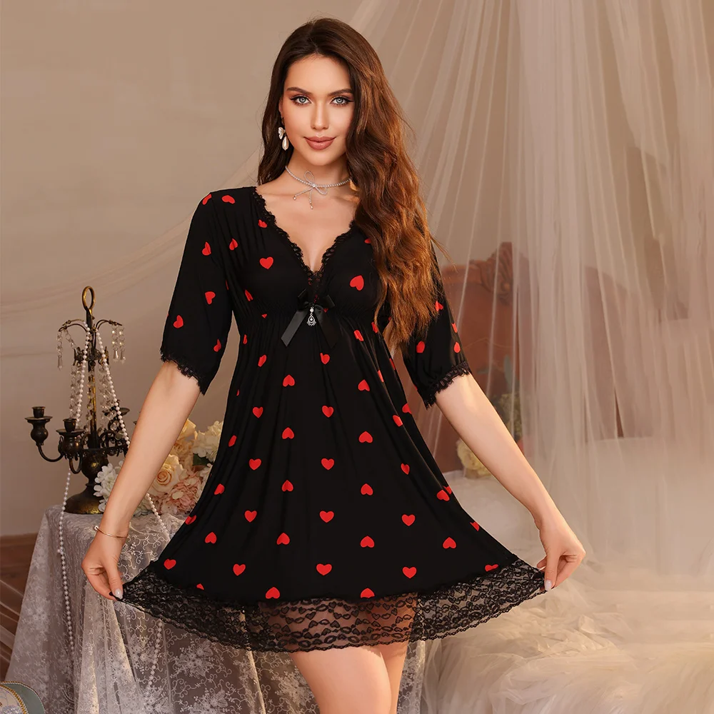 

Women's Sexy Heart Print Nightdress V Neck Lace Trim Half Sleeve Sleepwear Homewear
