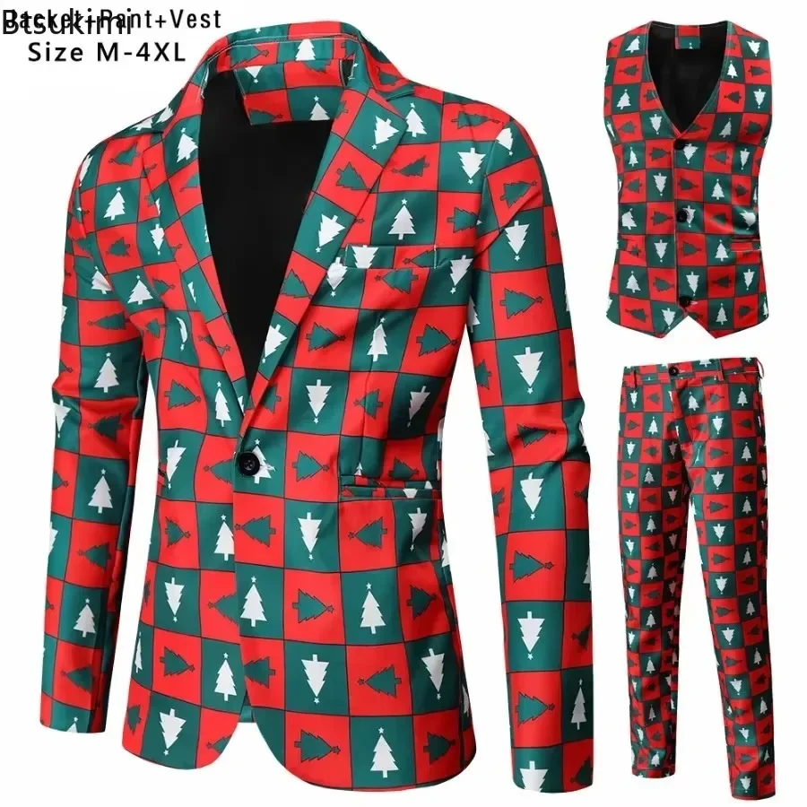 2024 Christmas Suits for Men Funny 3D Print Single-Button 3 Pieces Blazer Sets With Vest Trousers Fashion Casual Men\'s Clothing