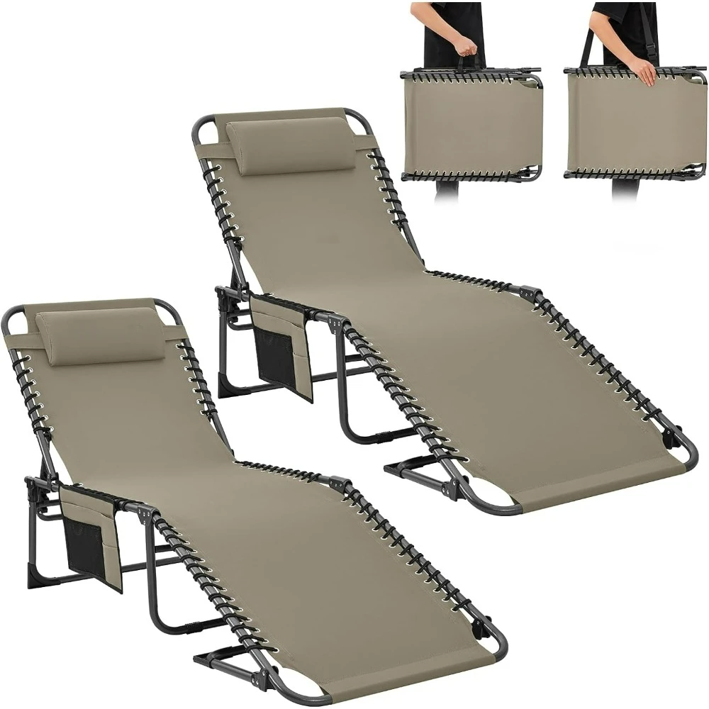 2 Pack Lounge Chair Outdoor Folding Lounge Chair Adjustable 5-Position for Beach, Tanning Sunbathing, Lounge Chairs with Pillow