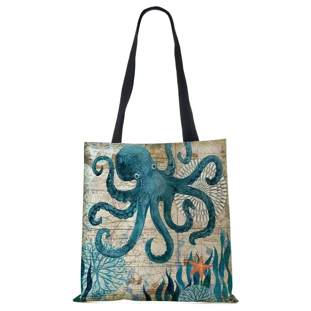 Tote Bag Seahorse Turtle Octopus Print borse a tracolla da viaggio borse per la spesa in lino ecologico per donna con stampa