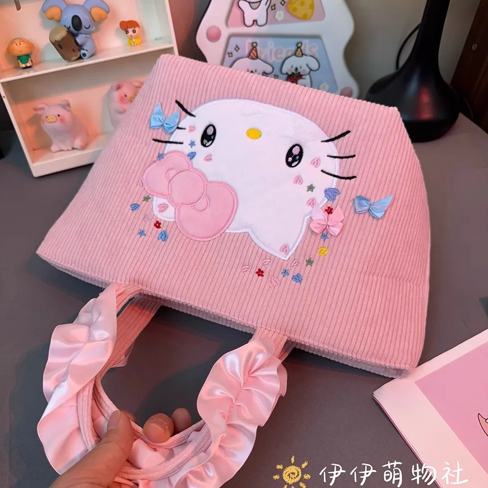 Sanrio Hello Kitty Plush มือถือกล่องอาหารกลางวันกระเป๋า KT Cat โคมไฟ Core กํามะหยี่ขอบดอกไม้มือถือกระเป๋า Bento กระเป๋าช้อปปิ้งหญิง