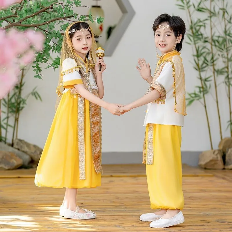 

2026 Children's Traditional Dai Short sleeved Clothing Set Boys/Girls Thailand Clothing Set Children's Performance CostumesLI671