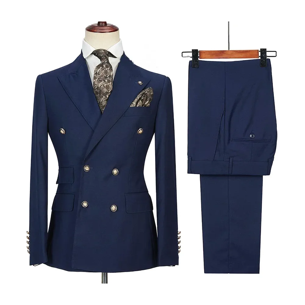 Navy Blue Men Suits Slim 2 Piece Fashion Peak Lapel Double Breasted Male Suit Business Casual Wedding Tuxedo Blazer with Pants