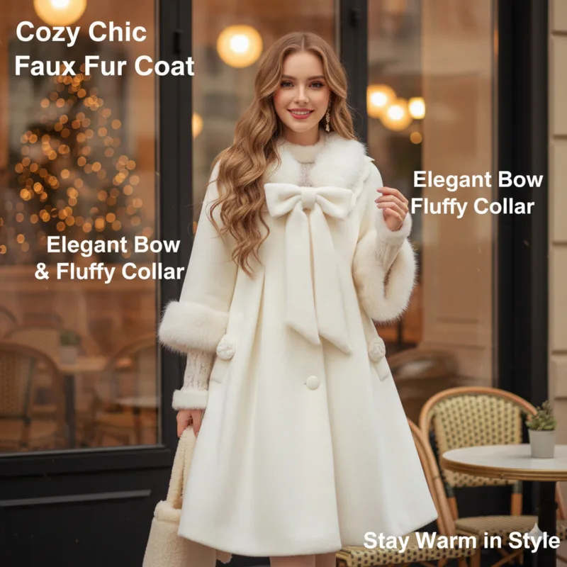 

Bow Jacket Coat Women Y2K French Sweet Plush Cardigan White Tie Button Outerwear Elegant Commuter Style Warm Winter Coat Girls