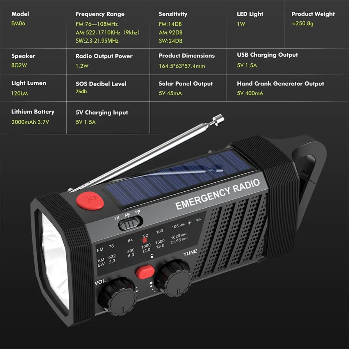 clos-新型緊急ラジオ-sosアラーム付き、am-fm-sw対応、懐中電灯、ソーラー-手回し充電式、アウトドアサバイバル用