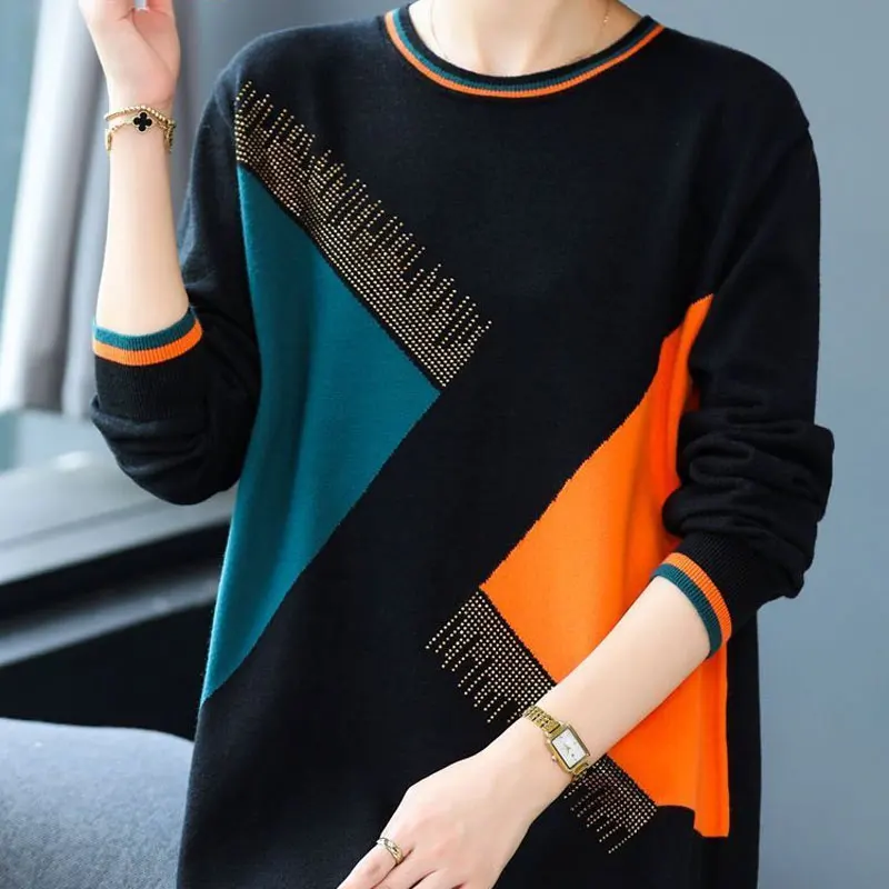 Female Clothing Casual Geometric Spliced Jumpers Autumn Winter O-Neck Korean Loose Basic Fashion Diamonds Knitted Midi Sweaters