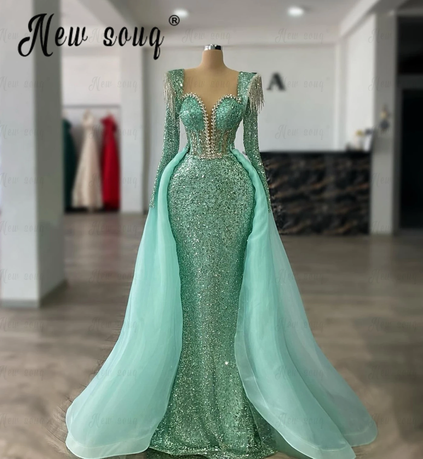 Queen Anne Tassel Green Party Dress 2 Pieces Sparkly Sequins Wedding Guest Event Gowns With Overskirt Arabic  Vestidos De Noche