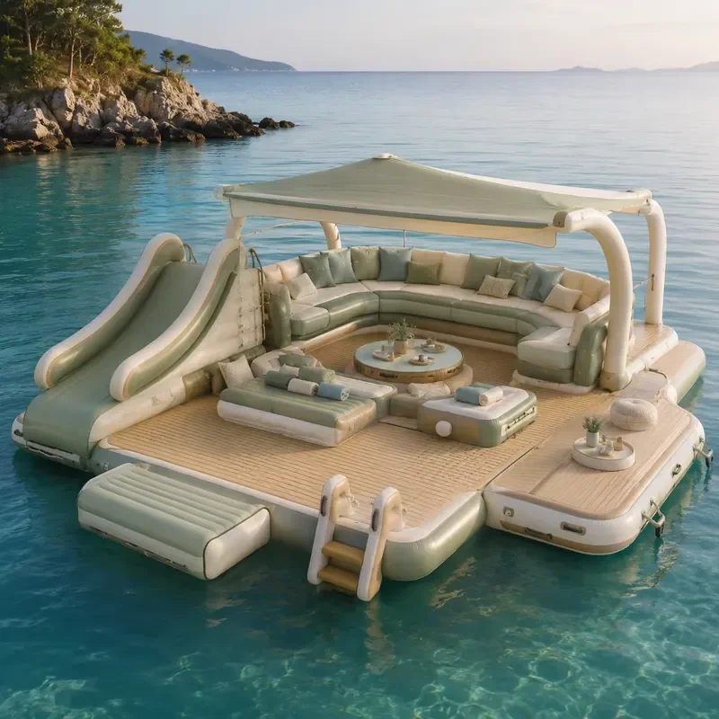 Large Inflatable Water Lounge Platform Floating Island with Slide Canopy Sofa Table for Resort Lake Wholesale Supply Orders