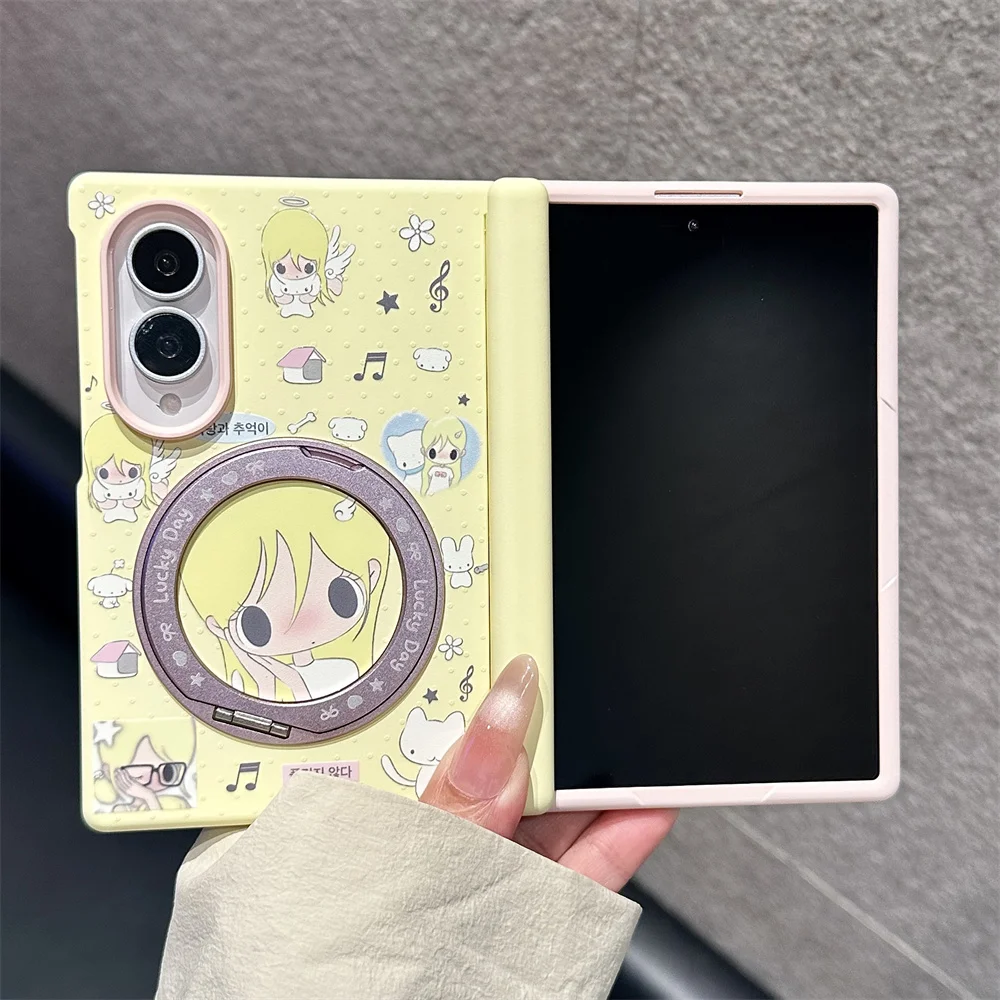 Kawaii Cartoon Angel Girl Magnetic Phone Cover For Samsung Galaxy Z Fold 8 Rotatable Ring Holder Bow Shockproof Foldable Cases